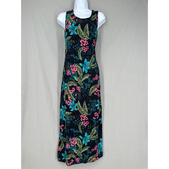 Vintage Dresses & Skirts - 90s Vintage Dress Womens Medium Black Floral Maxi Colorful Pink Tropical Boho